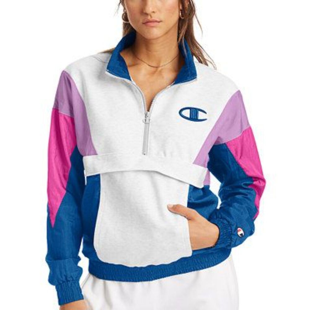 Champion Colorblock Blue & Pink 1/2 Zip Mixed Media Pullover, Windbreaker, XS